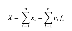 Matematisk formel som viser summen av verdier  𝑥 𝑖 x  i ​  , som også kan uttrykkes som produktet av verdier  𝑣 𝑖 v  i ​   og frekvenser  𝑓 𝑖 f  i ​  . Brukes ofte i statistikk for å beregne totalverdier. Tilpasset universell utforming med lesbar notasjon.