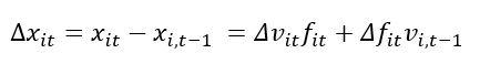 Matematisk formel som uttrykker endringen i en størrelse  𝑥 𝑖 𝑡 x  it ​   over tid som summen av endringen i verdi multiplisert med frekvens, og endringen i frekvens multiplisert med forrige periodes verdi. Brukes ofte i dekomponering av endringer. Tilpasset universell utforming med tydelig og lesbar notasjon.