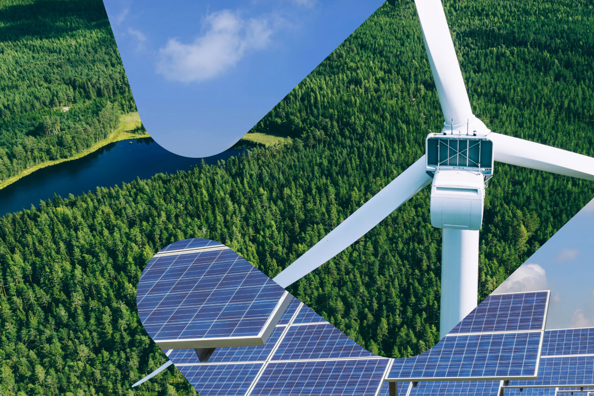 Solcellepanel og blå himmel kombinert med bilde av en vindmølle og skog.